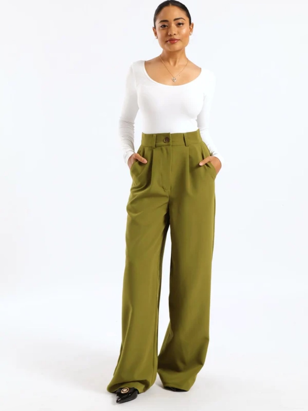 AARON & AMBER Wide Leg Trouser Medium Green Chartreuse Fall Office Career